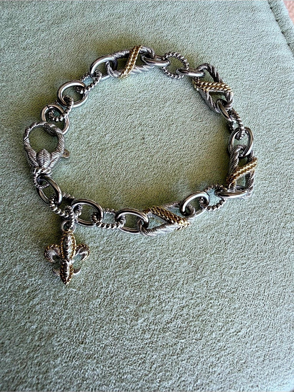 Judith Ripka Sterling Silver Two-Tone Cable Link Fleur-de-Lis Bracelet